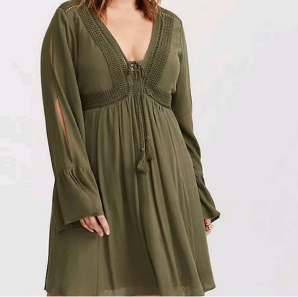 TORRID Mini Gauze Lace-Up Skater Dress Olive Green 4X - Picture 2 of 14